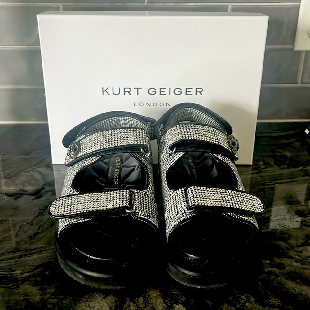 Kurt Geiger Crystal Embellished Velcro Strap Black sandals 36.5 6.5
